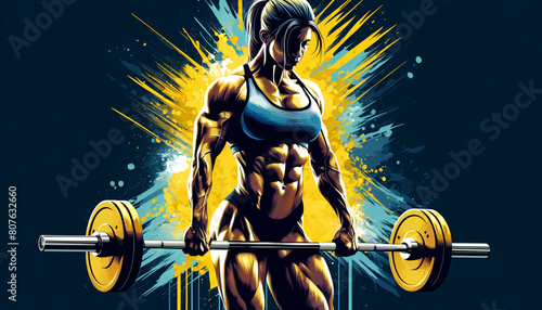 a highly muscular woman lifting a barbell, depicted in a dynamic, expressive style