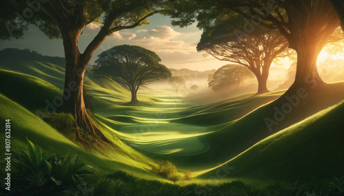 a lush, verdant golf course at dawn