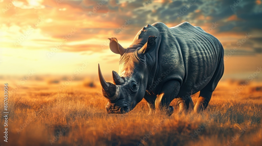Fototapeta premium majestic black rhinoceros grazing in the African savanna, its powerful horn and muscular build symbolizing resilience and strength. 