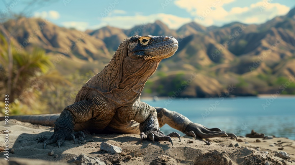 majestic komodo dragon basking in the sun on a remote Indonesian island, its prehistoric appearance and powerful presence evoking a sense of awe. majestic komodo dragon basking in the sun on a remote Indonesian island, its prehistoric appearance and powerful presence evoking a sense of awe.