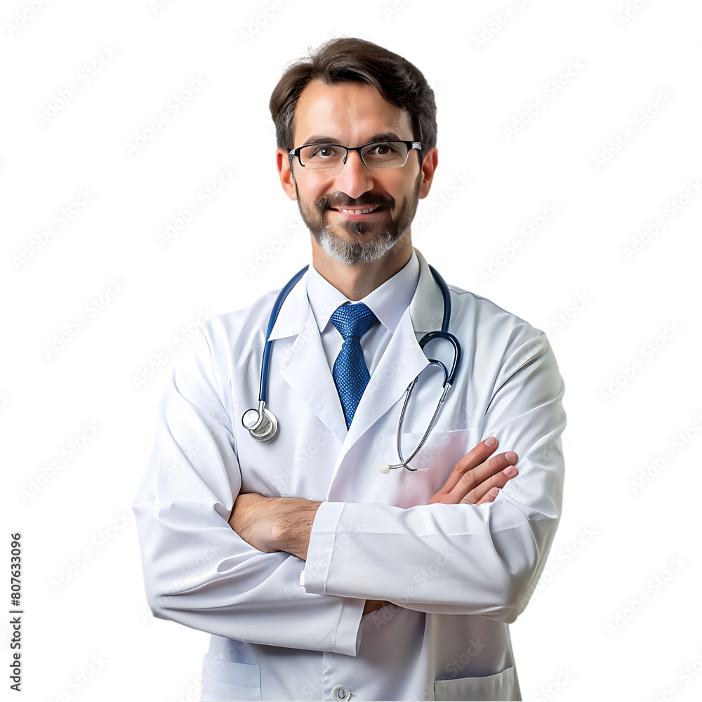A doctor with a beard and glasses standing with his arms crossed, a man wearing a white coat and glasses A doctor with a beard and glasses standing with his arms crossed, a man wearing a white coat and glasses