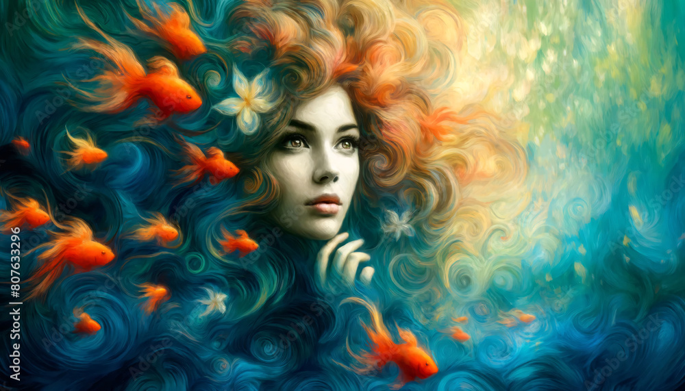 impressionist-style illustration of a woman with lush, flowing curly hair intertwined impressionist-style illustration of a woman with lush, flowing curly hair intertwined