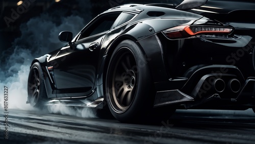 Tire Of Black Sports Car Ground Level Close Up Tire  In High Motion Drifting Action. Generative AI