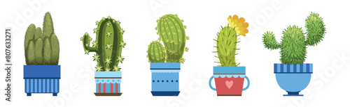 Green Spiky Cactus Plant Growing in Ornamental Ceramic Pot Vector Set