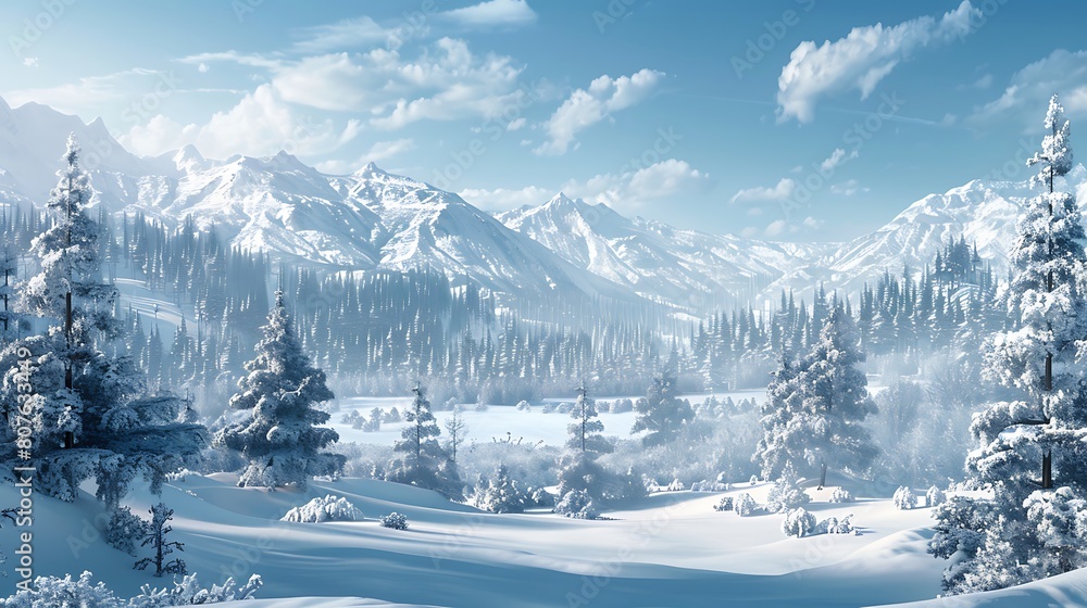A breathtaking view of a snow-covered landscape with pine trees dusted in white.