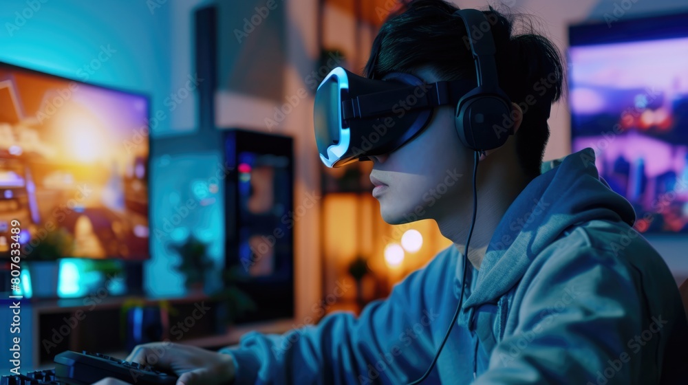 Young male gamer using VR glasses with headphones to play video game in computer at room, Concept of E-sports and Pro Cybersport. Young male gamer using VR glasses with headphones to play video game in computer at room, Concept of E-sports and Pro Cybersport.
