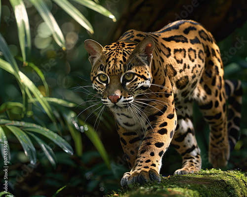 A stunning leopard moves stealthily through lush greenery. Generate AI