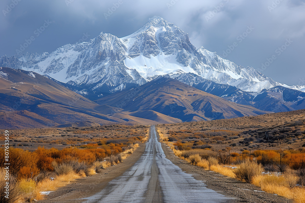 Snow-capped mountain range under a cloudy gray sky, creating a dramatic scene.. AI generated. Snow-capped mountain range under a cloudy gray sky, creating a dramatic scene.. AI generated.