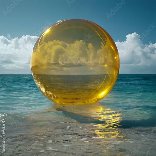 Yellow transparent supplement, slightly narrower in shape than an oval sphere, realistic light, lots of it in the sea Ai generative  photo