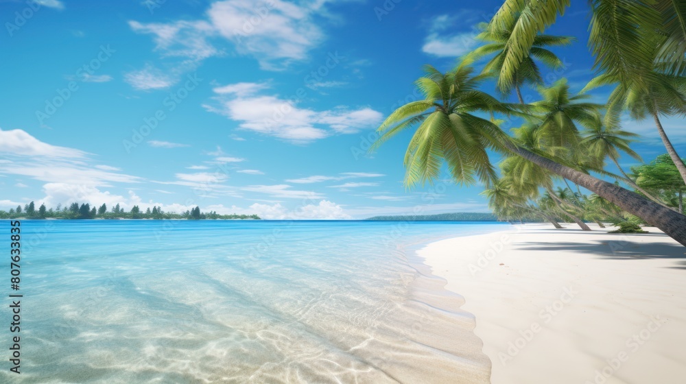 beach with turquoise waters and soft white sand,  palm trees 