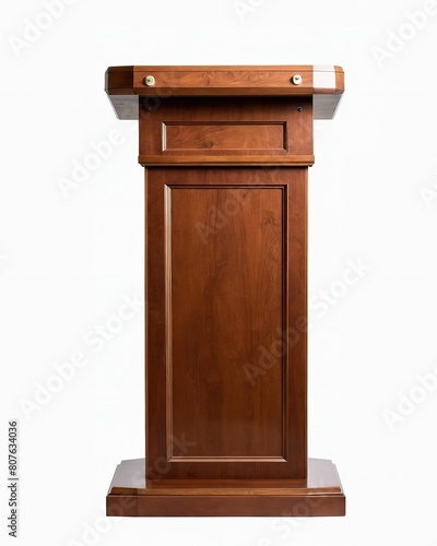 The podium set, lectern collection, brown wood speech stand and microphone, different forms and angles, and isolated transparent PNG are all included. both contemporary and historic. cut out & white b
