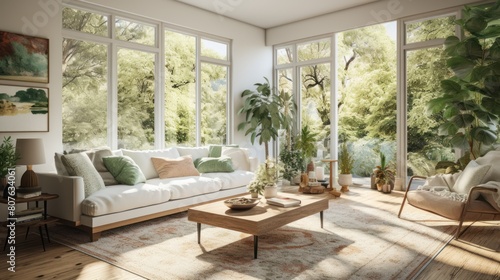 living room with a cozy couch, plush rug, and large windows overlooking a lush garden.