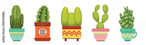 Green Spiky Cactus Plant Growing in Ornamental Ceramic Pot Vector Set