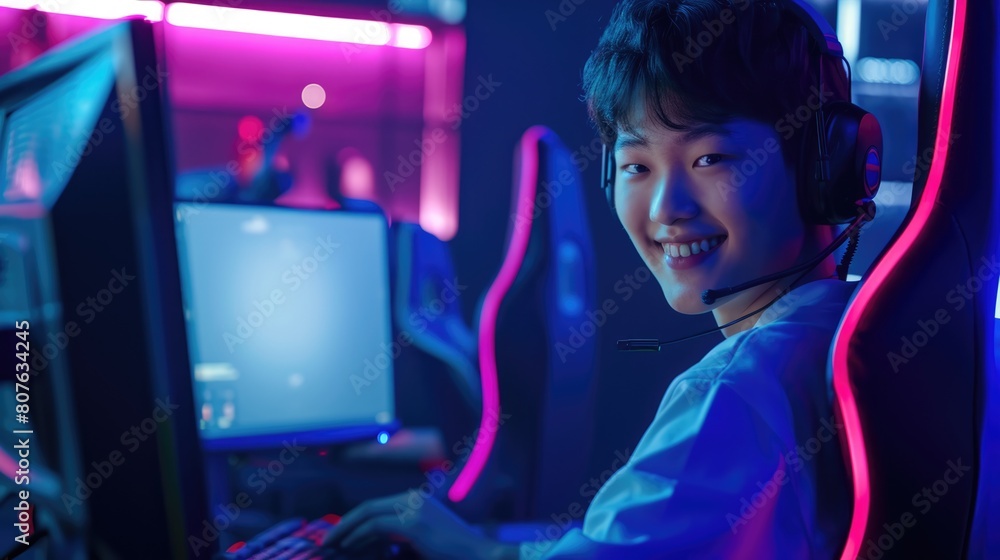 Young Asian Male Gamer Playing Online Video Game in His Personal Computer at Room Surrounded by Neon Lights, Concept of E-sports and Cybersport. Young Asian Male Gamer Playing Online Video Game in His Personal Computer at Room Surrounded by Neon Lights, Concept of E-sports and Cybersport.