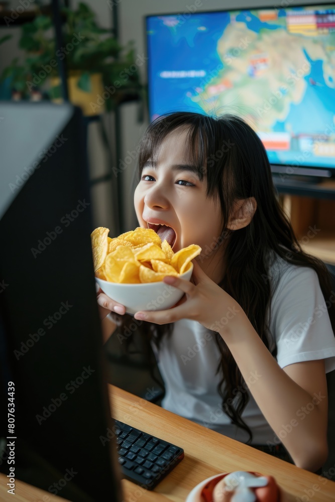 cheerful Asian woman enjoying a bowl of chips while sitting on a couch in front of desktop. cheerful Asian woman enjoying a bowl of chips while sitting on a couch in front of desktop.