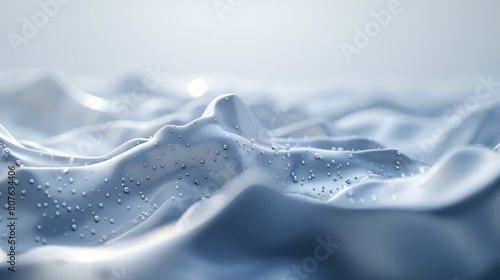 Soothing Swells: Gentle 3D waves rise and fall rhythmically, punctuated by glinting silver particles in a serene aquatic ballet.