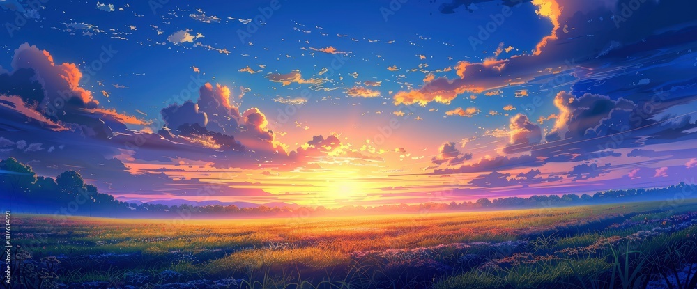 Witness The Breathtaking Beauty Of A Field Sunrise Against A Backdrop Of Azure Blue Sky, Background HD For Designer Witness The Breathtaking Beauty Of A Field Sunrise Against A Backdrop Of Azure Blue Sky, Background HD For Designer