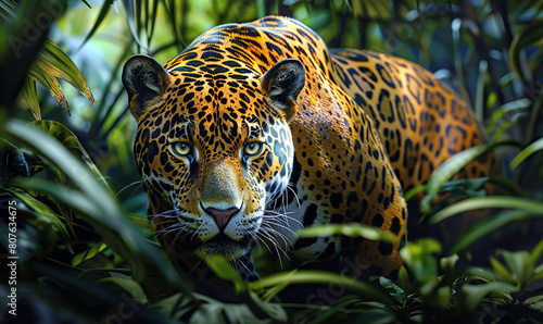 A stunning leopard moves stealthily through lush greenery. Generate AI