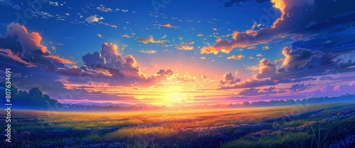 Witness The Breathtaking Beauty Of A Field Sunrise Against A Backdrop Of Azure Blue Sky, Background HD For Designer 