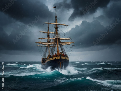 Perilous Journey, Ship Struggles Against the Mighty Forces of a Stormy Ocean