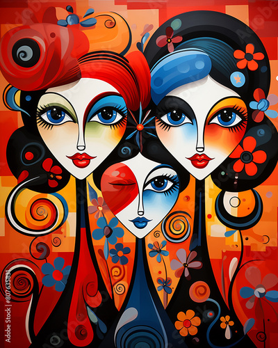 A trio of stylized female figures with exaggerated, cartoonlike features  photo