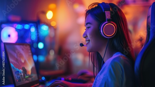 Young Asian Female Cybersport Gamer Playing Online Video Game in Her Powerful Personal Computer at Room Surrounded by Neon Lights. © shelbys