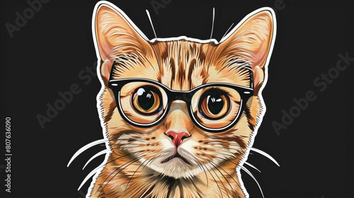 A colorful cat potrait image in which cat wearing glasses. Cute cat emoji stickers with black ackground. © FDX