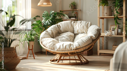 boho style living space featuring a comfortable papasan chair surrounded by greenery and enhanced by natural, soft lighting for a tranquil vibe photo