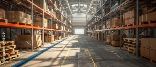 Empty warehouse aisle with shelving and boxes.