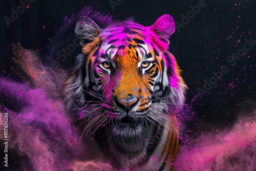 Enigmatic Tiger Profile Enhanced by a Dynamic Explosion of Cosmic Dust in Shades of Orange  Pink  and Blue  