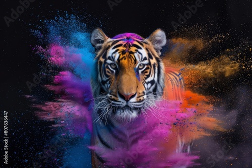 Vibrant and Colorful Tiger Portrait with Explosive Cosmic Paint Splatters Against a Dark Background  