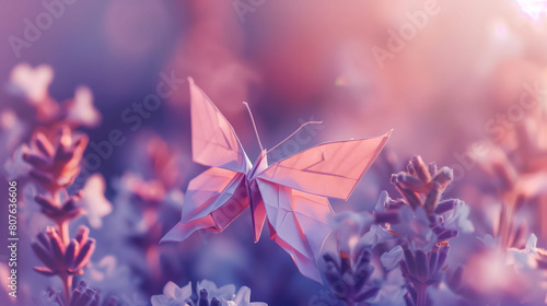 Diorama of a Purple Butterfly Origami Fly Around Flowers