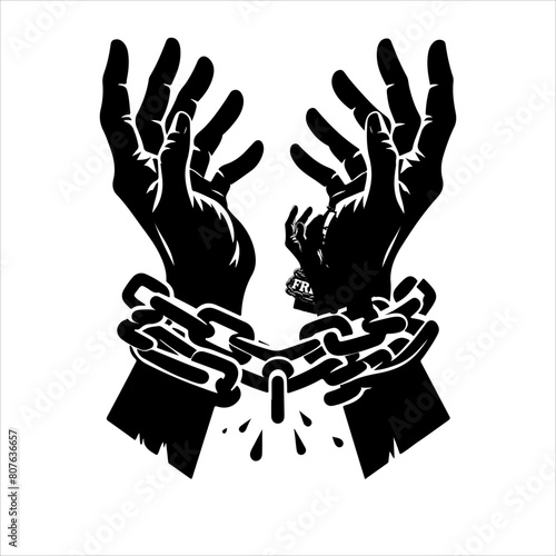 A pair of hands chained to a chain with the text words freedom. Freedom vector illustration.