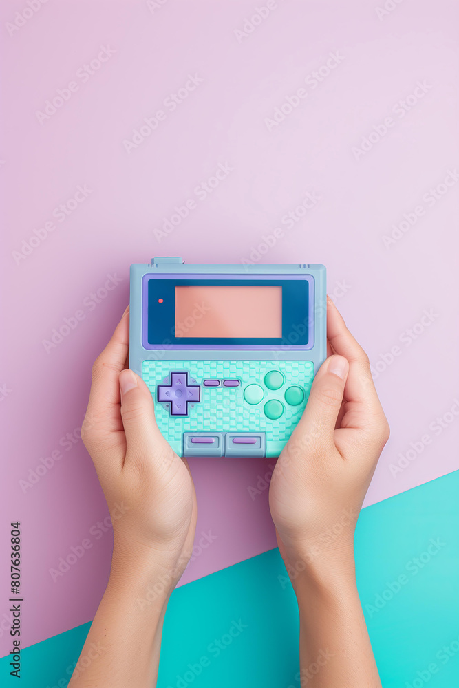 woman hands holding a retro 90s game console, cute, pastel colors, y2k nostalgia woman hands holding a retro 90s game console, cute, pastel colors, y2k nostalgia