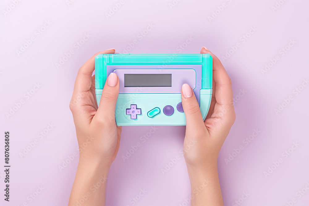 woman hands holding a retro 90s game console, cute, pastel colors, y2k nostalgia woman hands holding a retro 90s game console, cute, pastel colors, y2k nostalgia