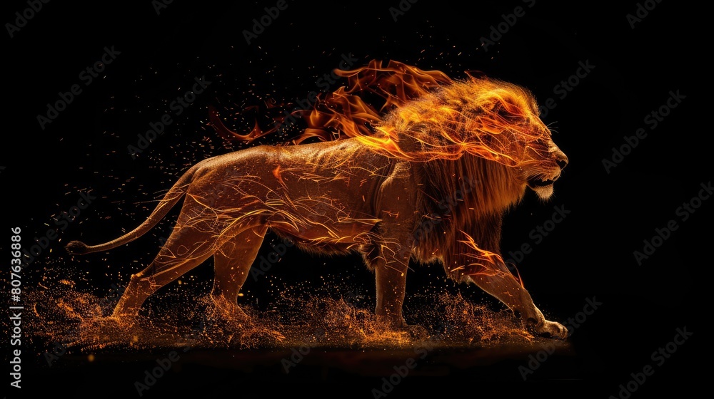 Fire lion on black background, AI generated Image