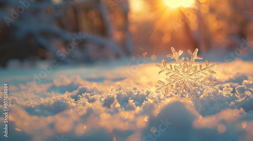 Beautiful snowflake on snow at sunset