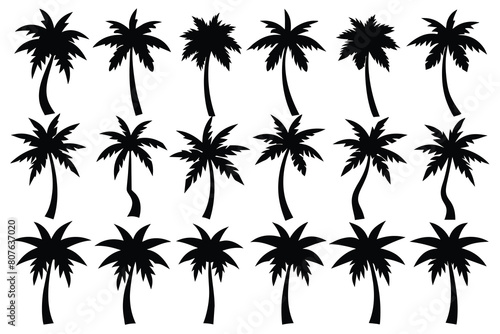 Set of coconut tree black Silhouette Design with white Background and Vector Illustration