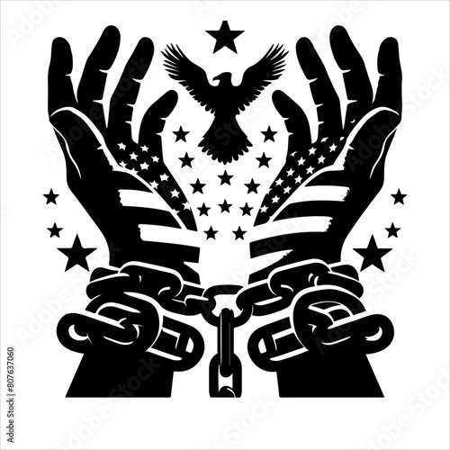 A pair of hands chained to a chain with the text words freedom. Freedom vector illustration.