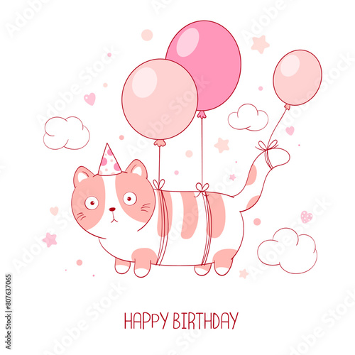 Holiday card with cat in a hat flying on balloons. Happy birthday card with funny fat cats. Vertical Birthday card with lovely cat. Vector illustration EPS8
