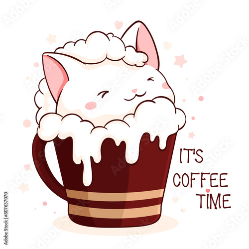 Lovely little cat in cup. Square card with cute animal in cup in kawaii style. Inscription It's coffee time. Can be used for t-shirt print, stickers, greeting card design. Vector illustration EPS8
