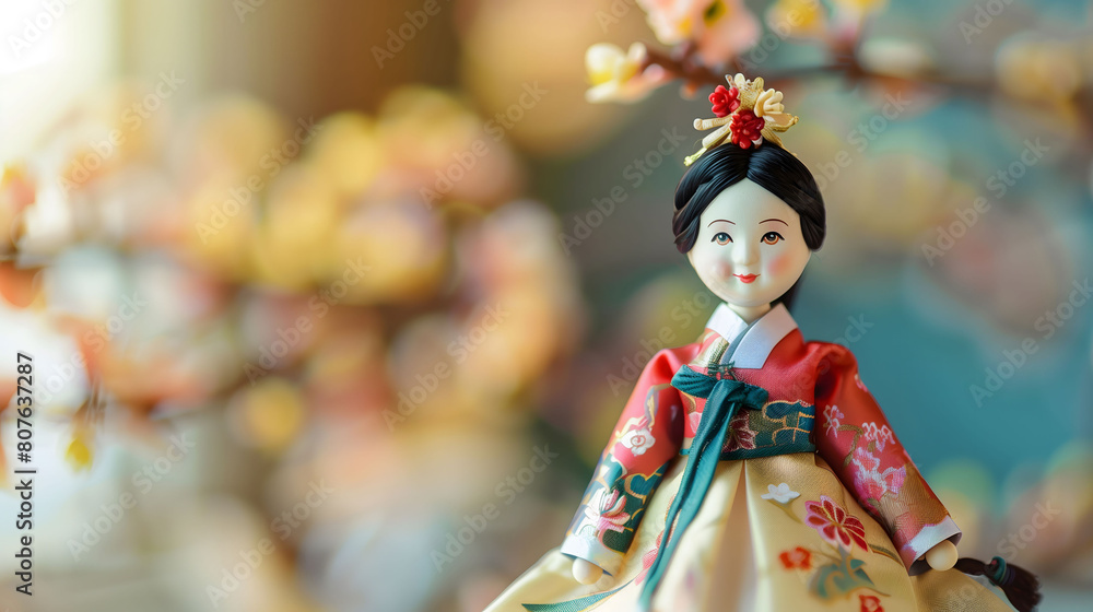 Wooden Doll of Korean Woman Wearing Traditional Outfit with Blurry Flowers in Background Wooden Doll of Korean Woman Wearing Traditional Outfit with Blurry Flowers in Background
