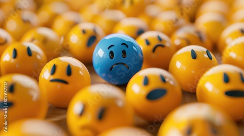Sad emoji among many happy emojis, AI generated Image