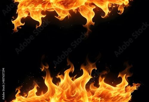Realistic burning big fire flames with shiny bright elements. Isolated on a black background. Power, fuel, and energy symbol. Layered vector icon set. 