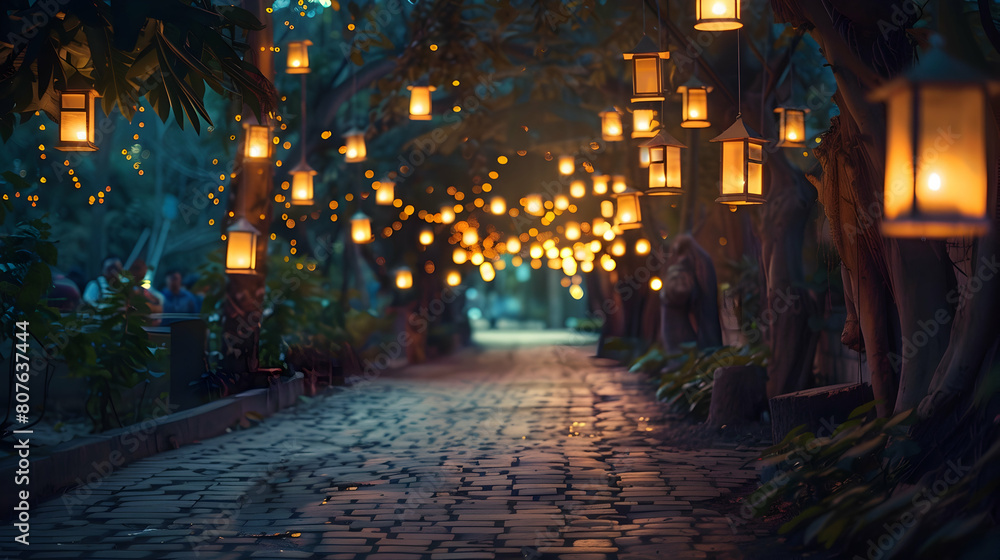 City night park alley with lanterns. Beautiful summer landscape in the evening