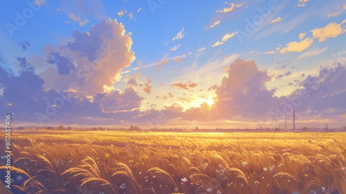 Cartoon illustration of the sun over a beautiful field, AI generated Image © marfuah