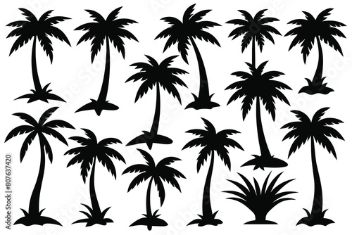 Set of coconut tree black Silhouette Design with white Background and Vector Illustration