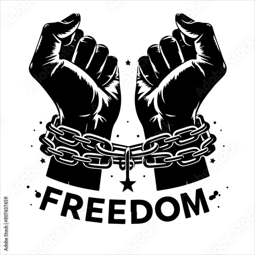 A pair of hands chained to a chain with the text words freedom. Freedom vector illustration.