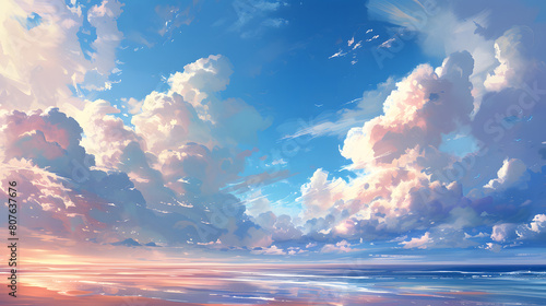 As you gaze out at the coastline, the azure sky meets the calm waters in a seamless blend of serenity, with wisps of clouds adding a touch of drama to the scene photo