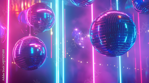 Colorful disco balls on the background of neon lights